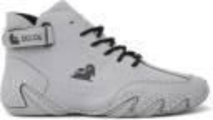 Gray high-top sneaker with black laces on a white background