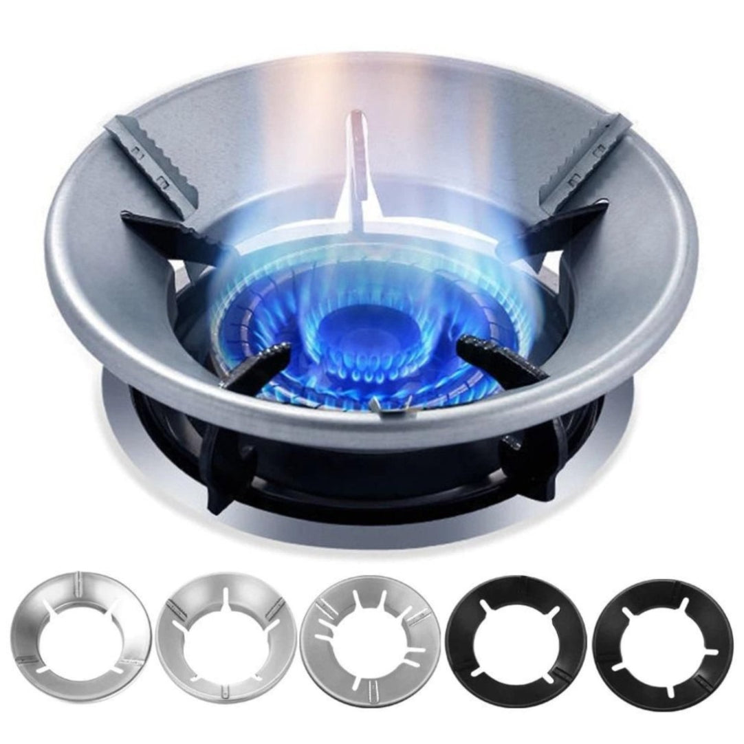 Stainless steel gas stove burner with blue flame and five different ring designs below on a white background