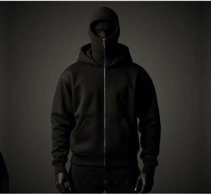 Dark hoodie with a zipper on a dark background