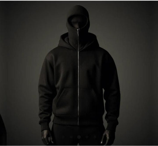 Dark hoodie with a zipper on a dark background