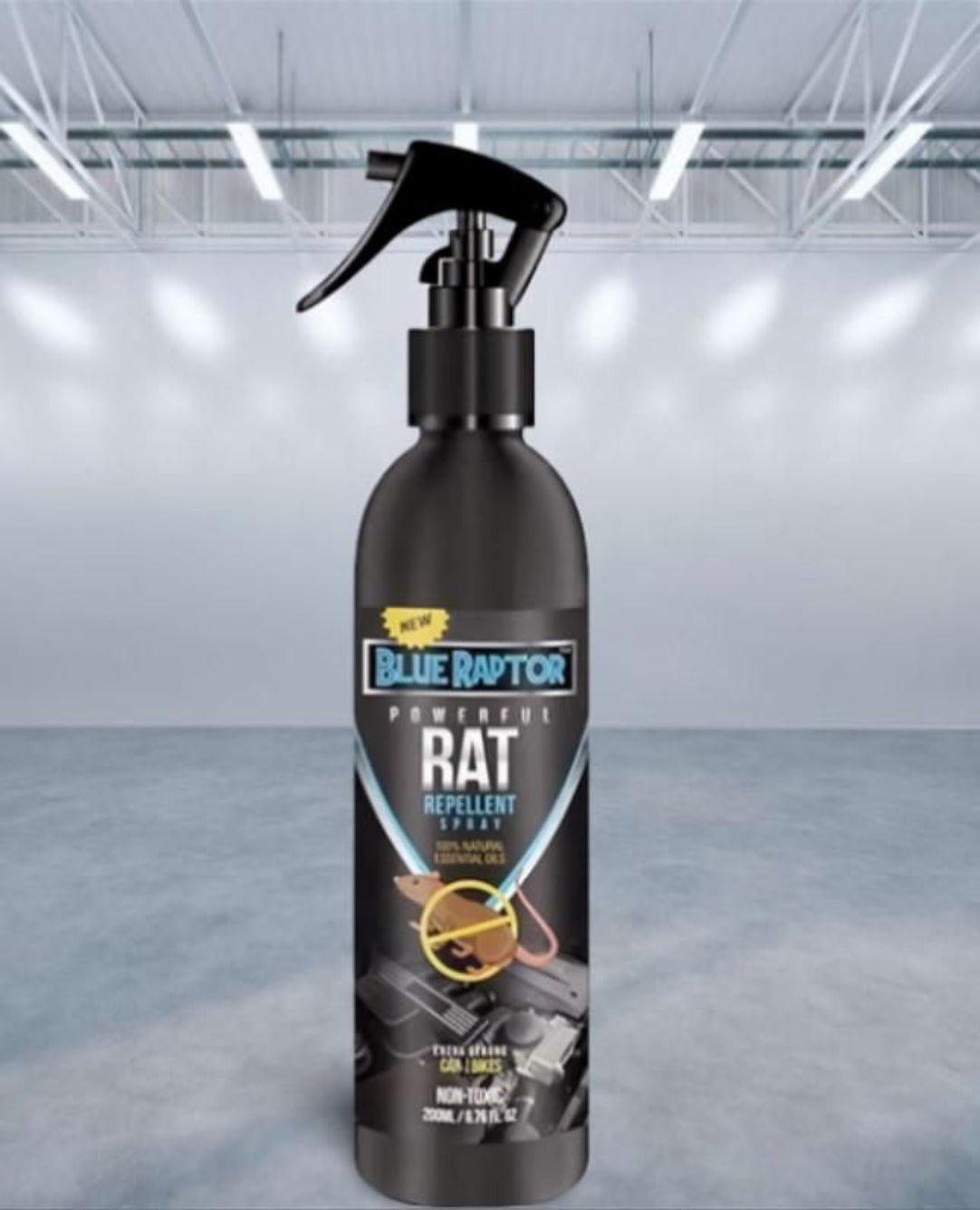Black spray bottle labeled 'Blue Raptor' on a gray background