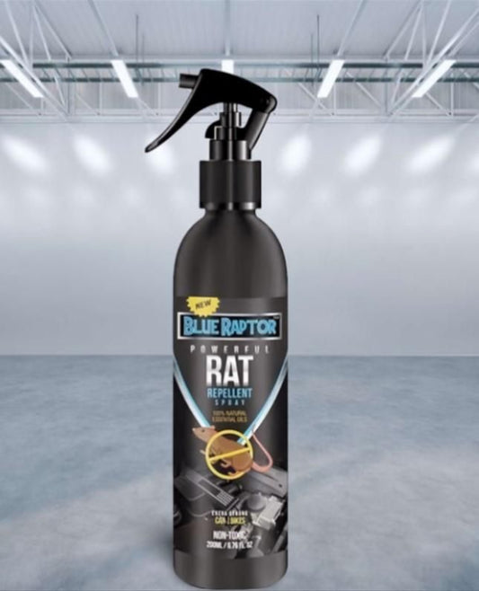 Black spray bottle labeled 'Blue Raptor' on a gray background