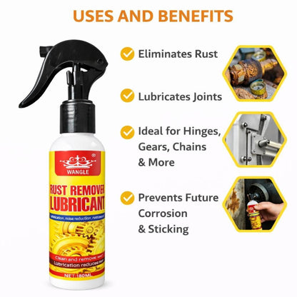 Wangle rust remover and lubricant spray bottle with uses and benefits listed on a white background