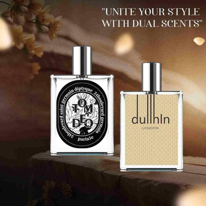 Two perfume bottles by Tom Ford and Dulhun on a blurred background with text 'Unite Your Style with Dual Scents'.