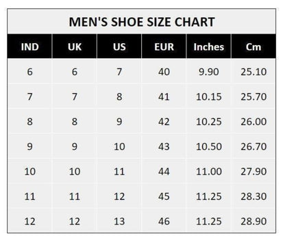 Men's shoe size chart with measurements in inches and centimeters