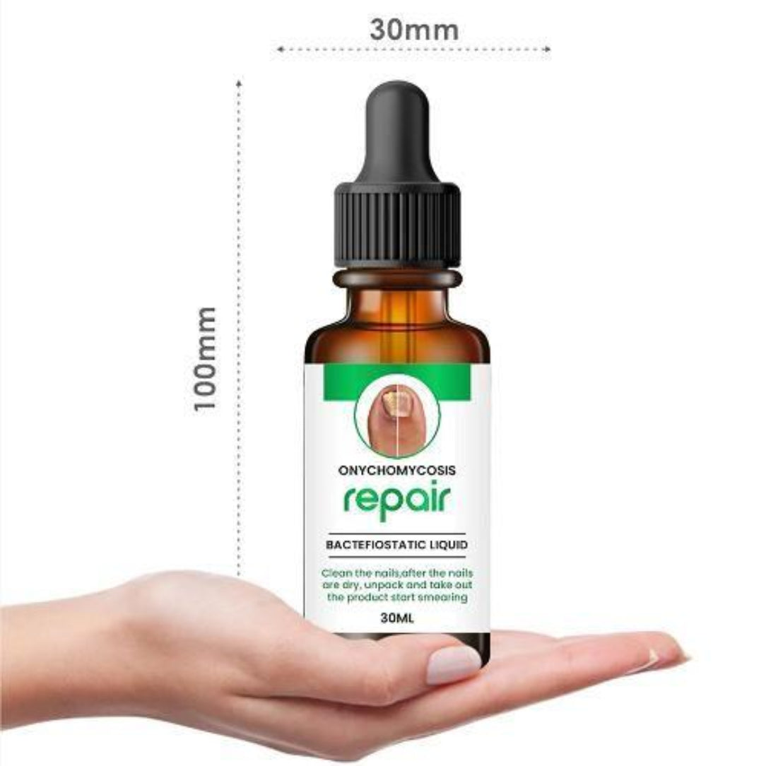 Bottle of bacteофostatic liquid labeled 'repair' on a white background with measurements.