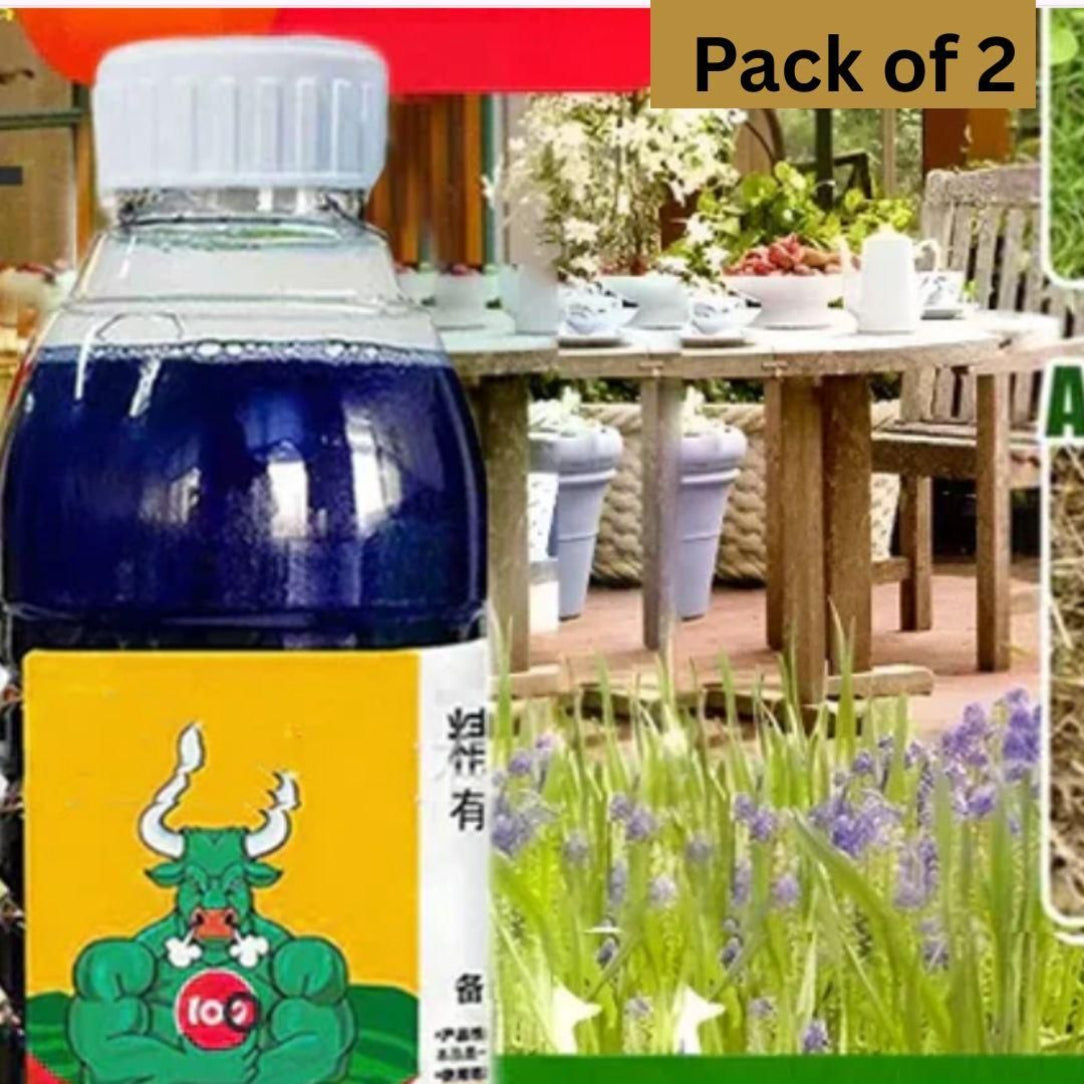 Bottle with a colorful label featuring a green bull logo, set against a background of a garden and outdoor furniture.