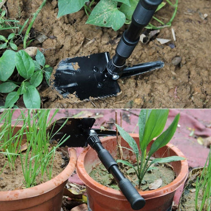 Collapsible garden spade being used in a garden setting with plants and soil.