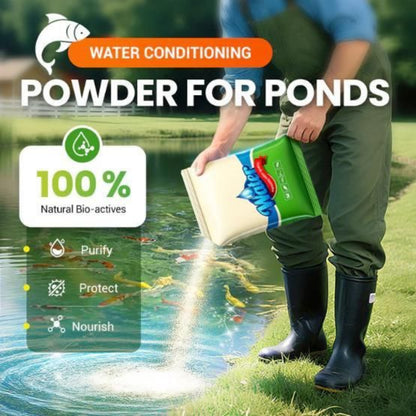 Person conditioning pond water with a product labeled 'Water Conditioning Powder for Ponds'.