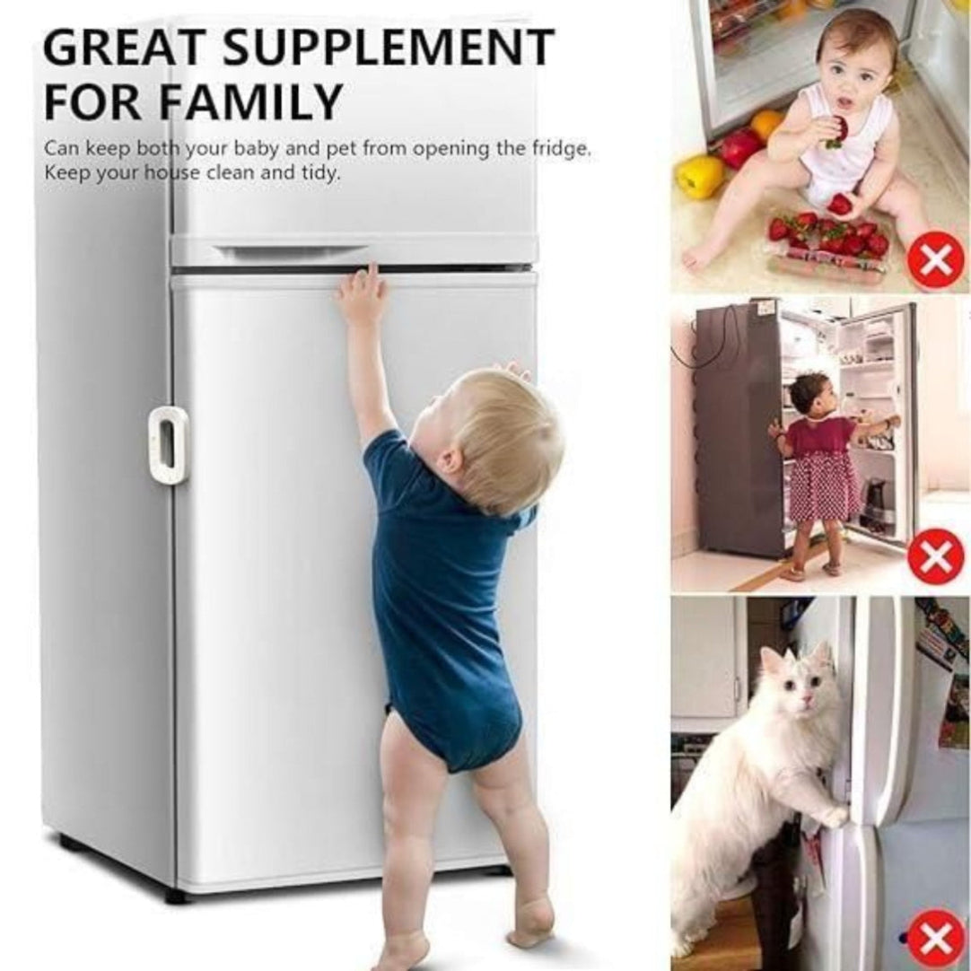 Advertisement for a refrigerator door lock with images of children and pets trying to open a refrigerator.
