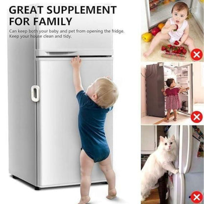 Advertisement for a refrigerator door lock with images of children and pets trying to open a refrigerator.