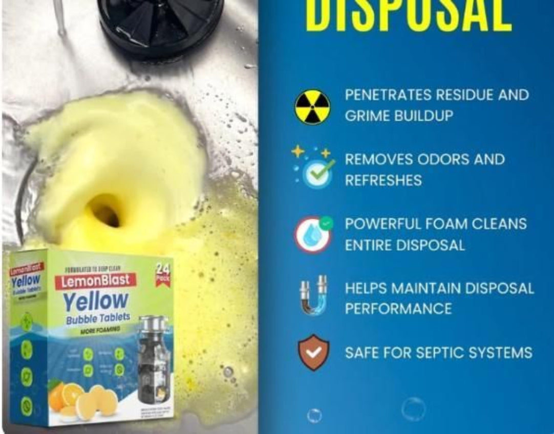 Yellow bubble tablets with packaging and cleaning effects on disposal system.