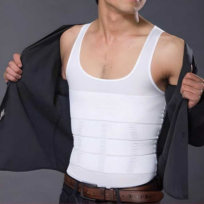 A man wearing a white sleeveless compression flexvest with a slim fit.
