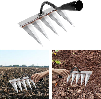 Garden cultivator with close-up and usage examples on a white background