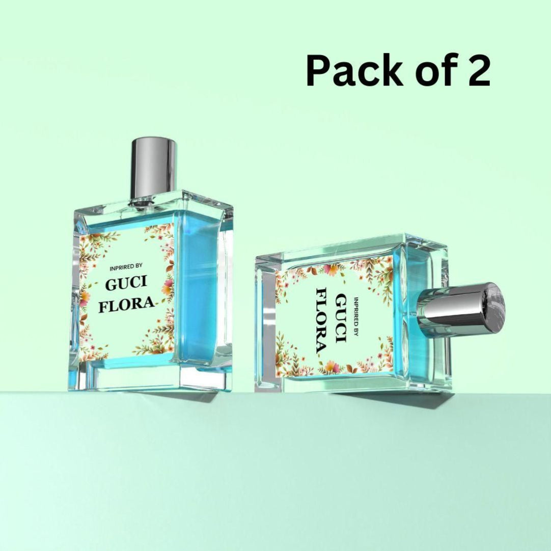 Two bottles of Inspired by Gucci Flora Eau De Parfum, 50ML each, with floral design on the labels, presented as a pack of 2.