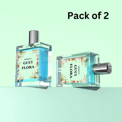 Two bottles of Inspired by Gucci Flora Eau De Parfum, 50ML each, with floral design on the labels, presented as a pack of 2.