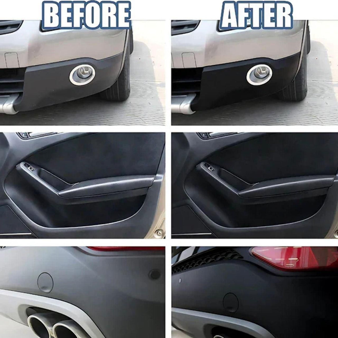 Before and after comparison of a car's front bumper, door handle, and exhaust system.