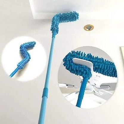 A blue microfiber duster with an extendable aluminum rod, shown in use cleaning a ceiling fan, with close-up insets demonstrating its feather-like texture and flexibility.