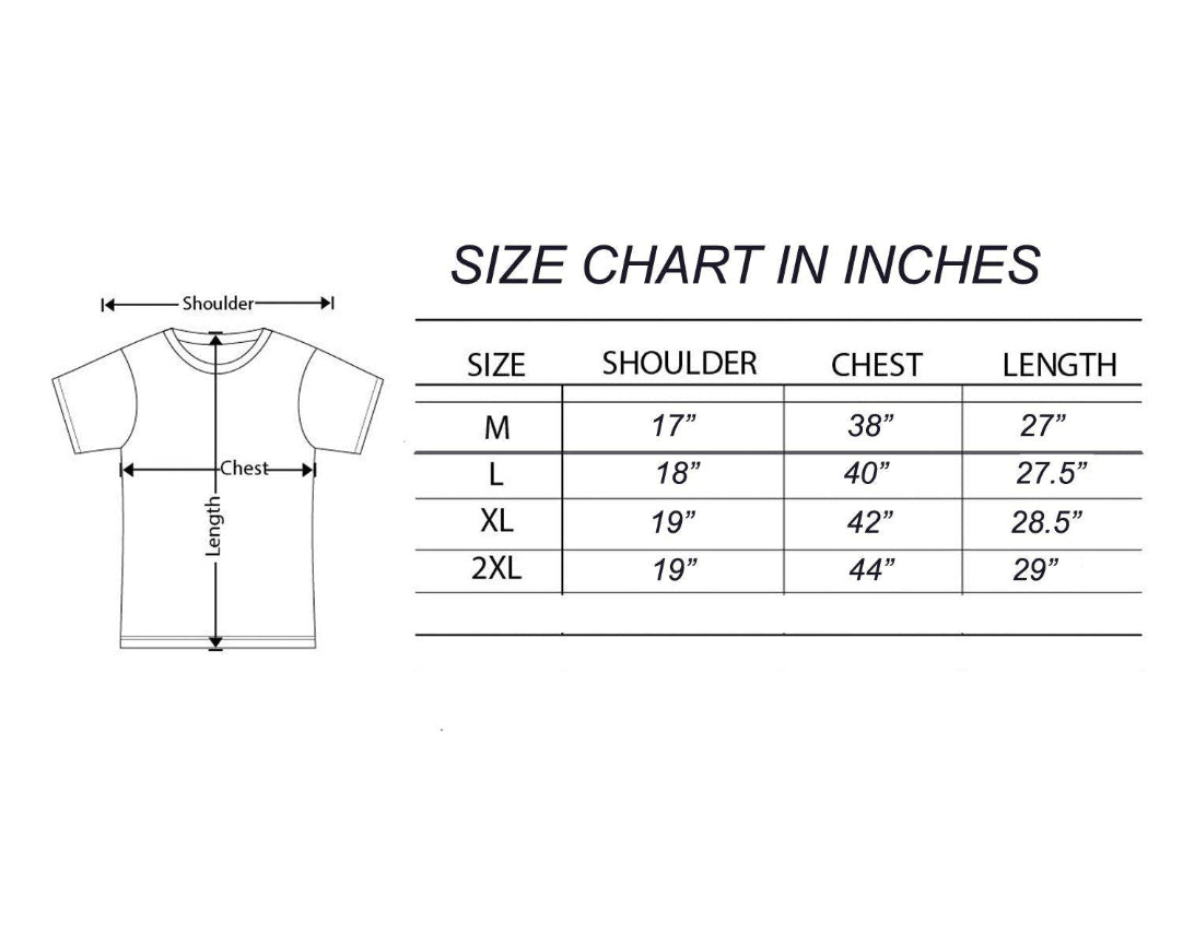 Size chart for shirts in inches with a diagram of a t-shirt on the left.