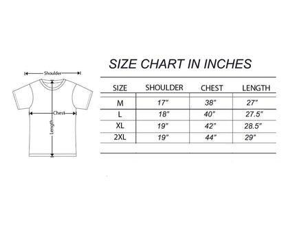 Size chart for shirts in inches with a diagram of a t-shirt on the left.