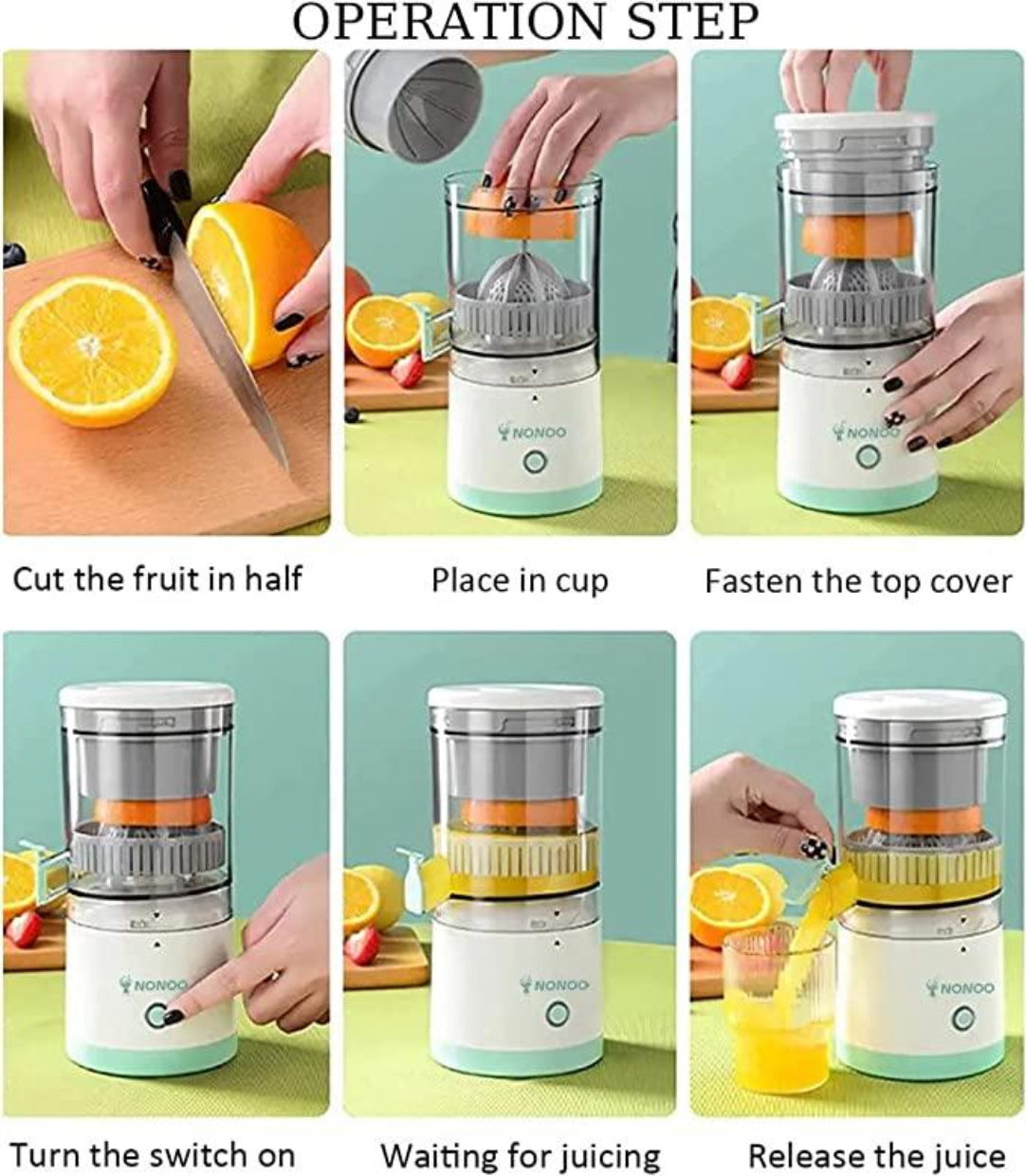 Step-by-step guide on using a manual juicer with images of hands cutting an orange, placing it in the juicer, and releasing juice.