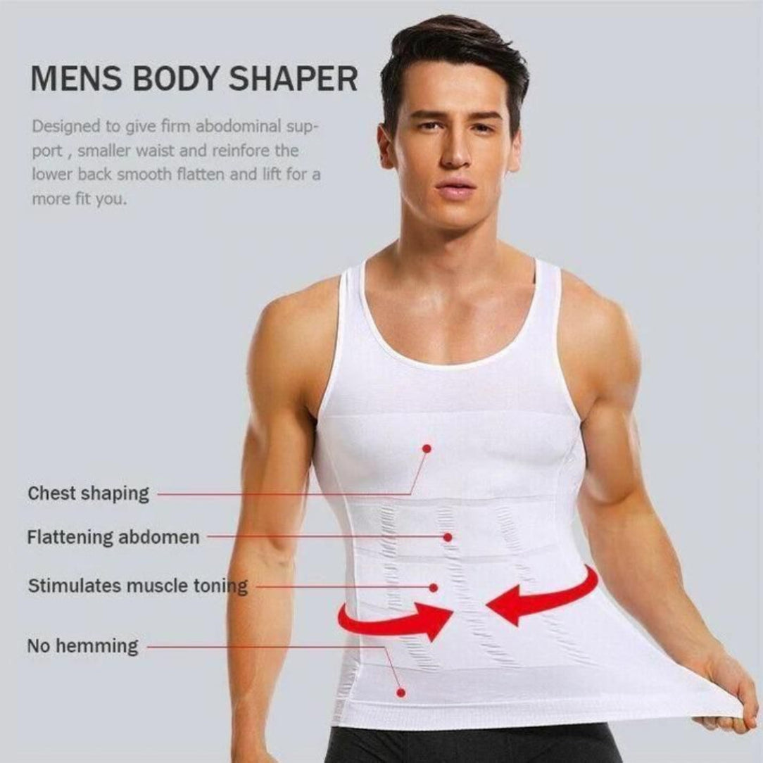 Man wearing a white tank top with text and arrows indicating features of a men's body shaper.