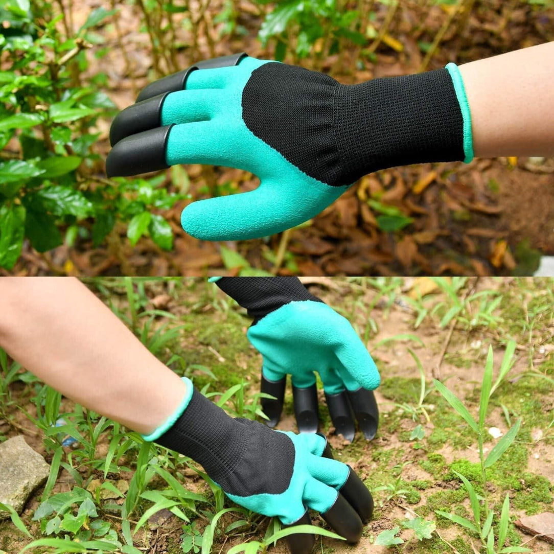 Gardening gloves with clawed fingers worn by a person in a garden setting.