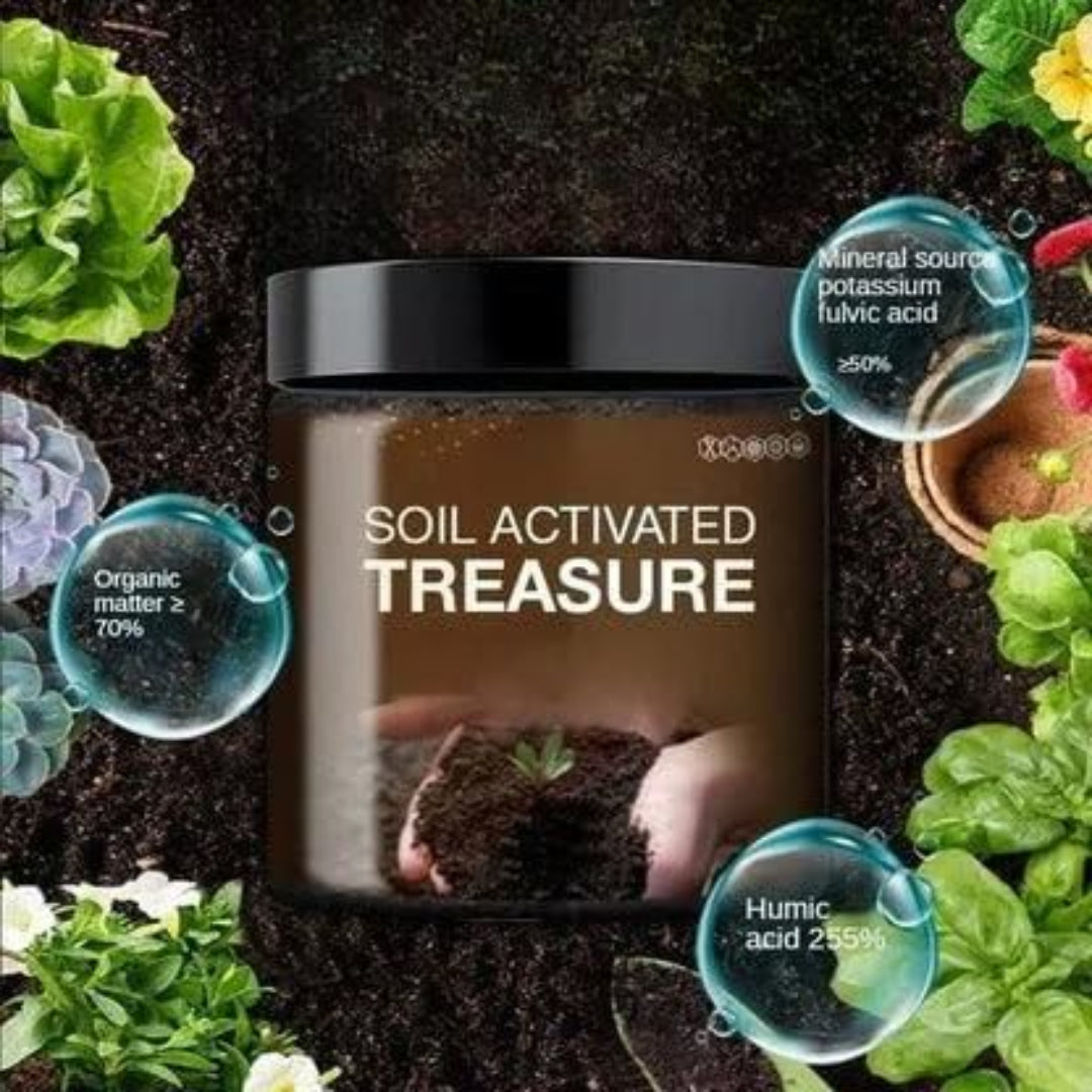 Container labeled 'Soil Activated Treasure' surrounded by plants and soil elements.
