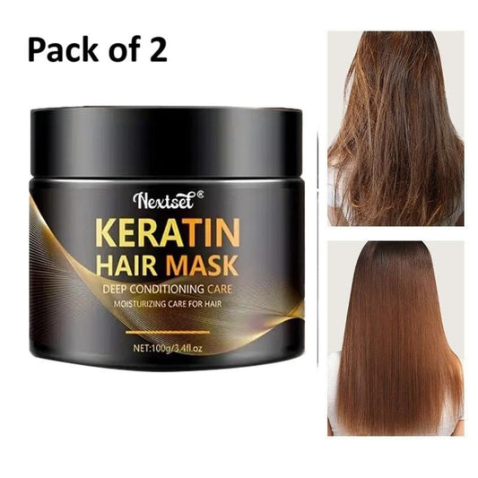 A pack of two Keratin Hair Masks by Neustar, with one mask depicted in front of a hair sample showing improved shine and condition, and a second mask shown with a hair sample that appears to be a part of a different product.