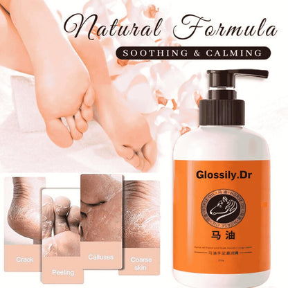 Glossily Dr skincare product with a bottle and images of feet and skin conditions.