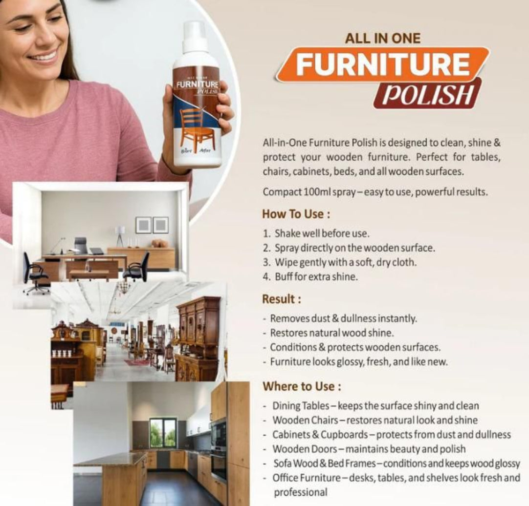 Advertisement for All in One Furniture Polish with a woman holding the product and images of furniture.