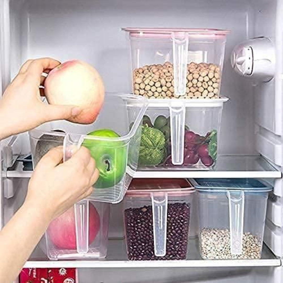 Person selecting an apple from a refrigerator shelf with stacked storage containers holding various foods.