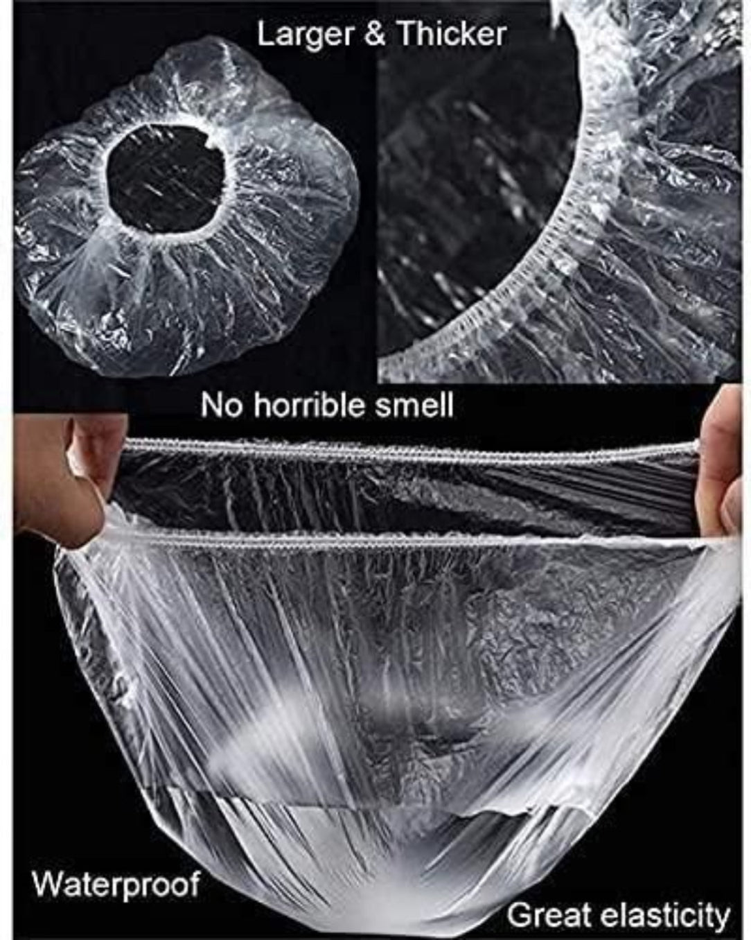 Transparent plastic bag with text highlighting features like size, thickness, smell, waterproofness, and elasticity.