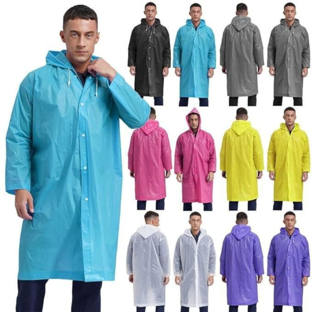 Man wearing a blue raincoat with multiple color options displayed around him.
