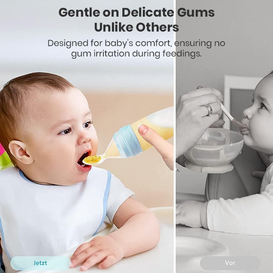 Baby being fed with a spoon and text about product features