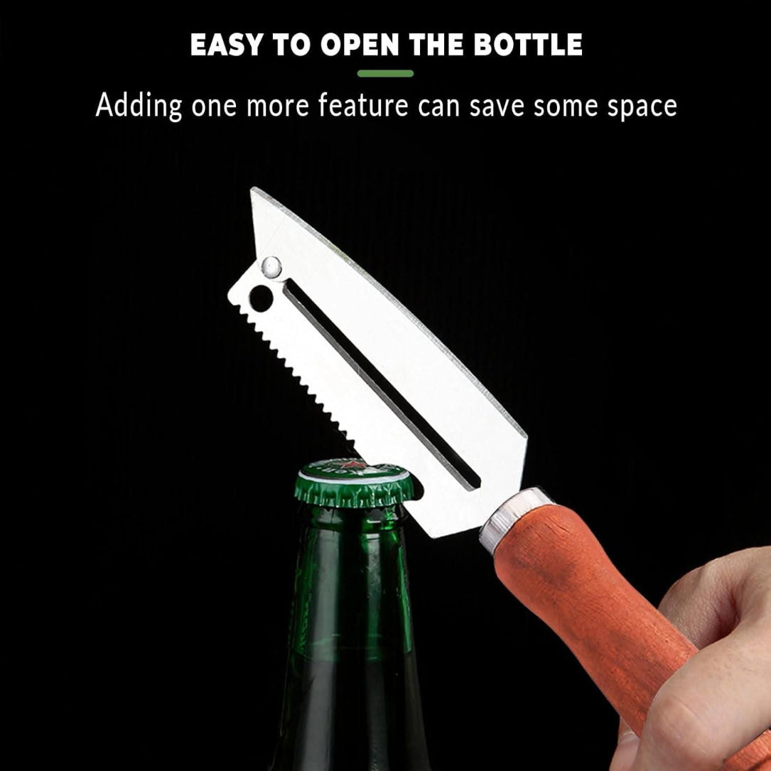 Multifunctional tool with bottle opener feature on a black background