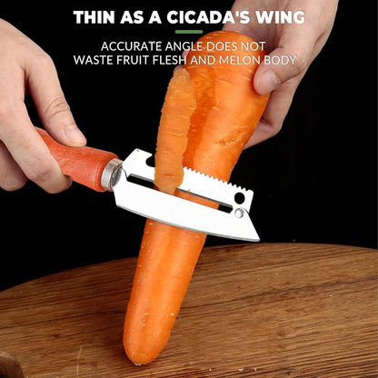 Carrot being peeled with a vegetable peeler on a wooden surface, text about peeling technique.