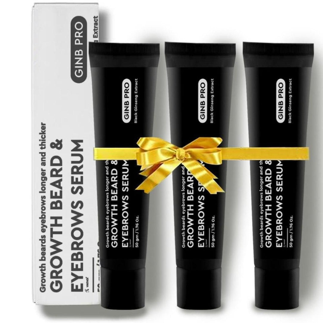 Three tubes of Growth Beard & Eyebrow Serum with a box and a yellow bow on top, indicating a gift or present option.