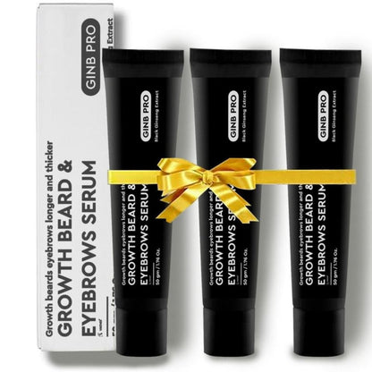 Three tubes of Growth Beard & Eyebrow Serum with a box and a yellow bow on top, indicating a gift or present option.