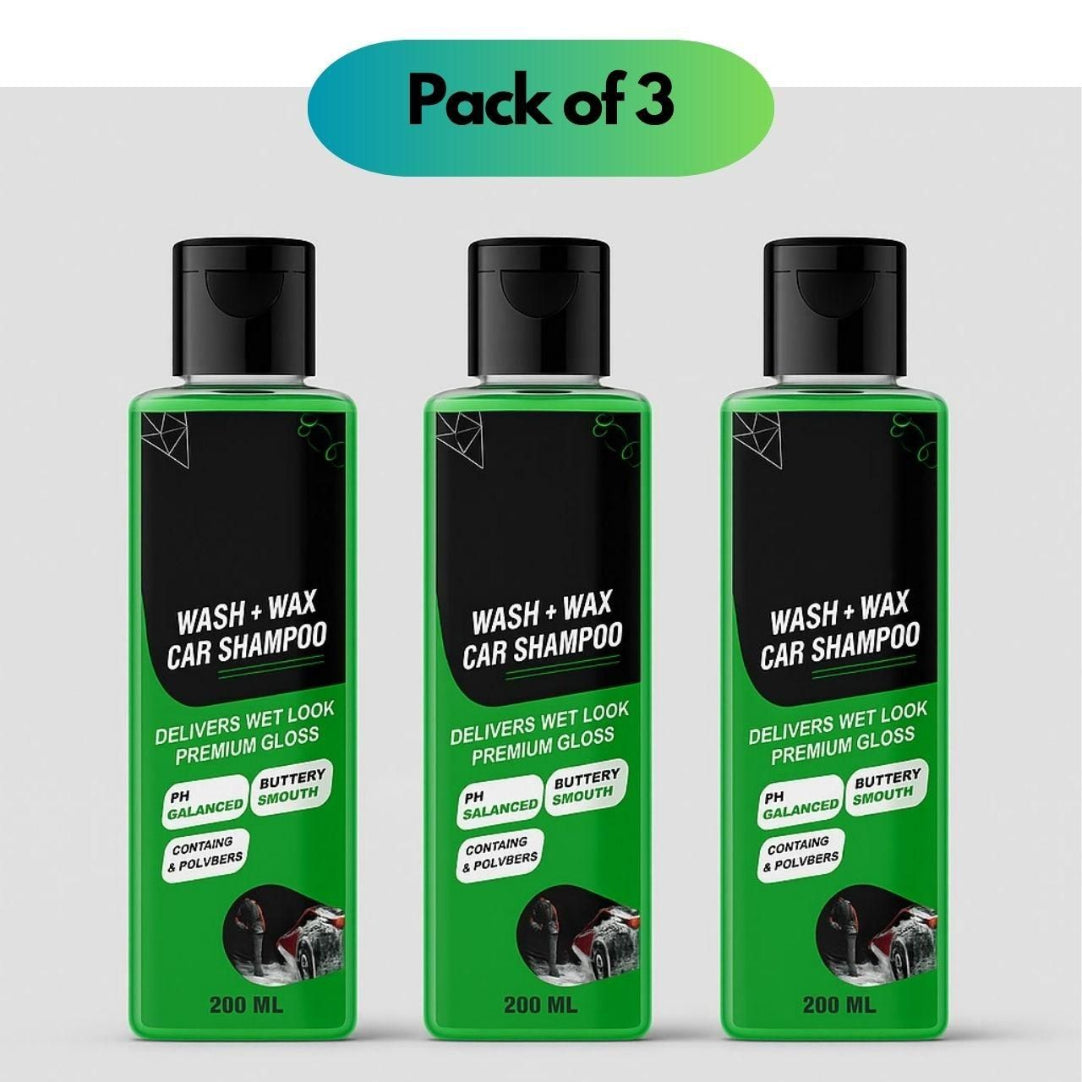 Three bottles of 'Wash + Wax Car Shampoo' on a white background