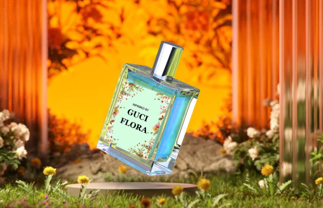 Gucci Flora perfume bottle with a floral design against an orange curtain and floral background