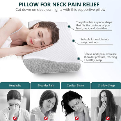 Neck pain relief pillow with user benefits and scenarios