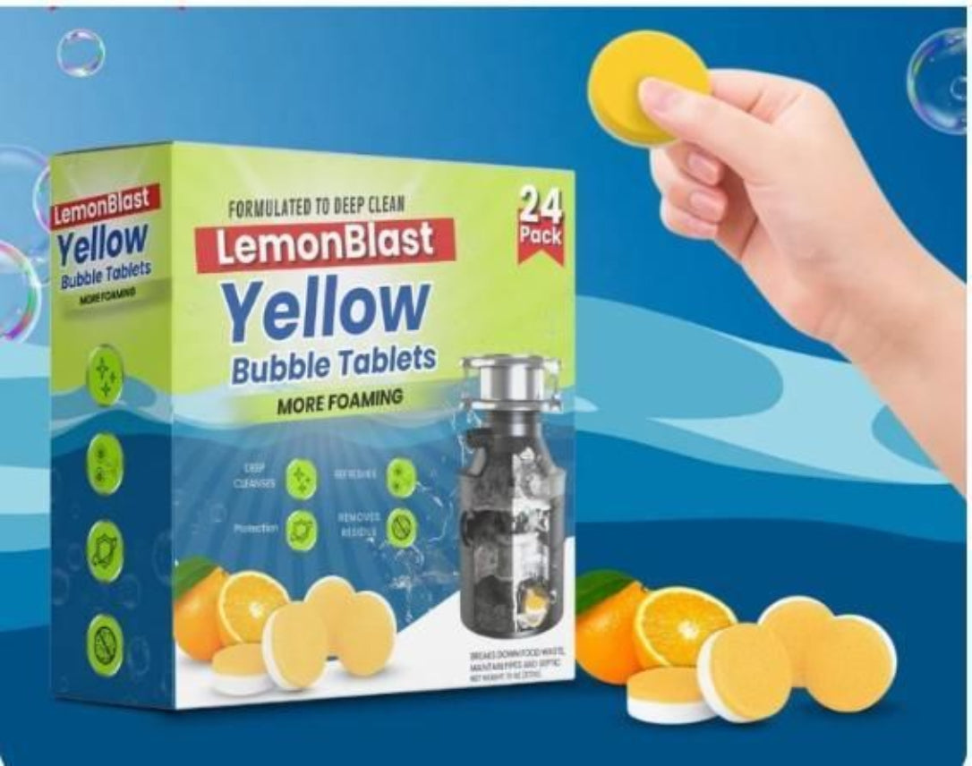 Lemon Blast Yellow Bubble Tablets packaging with a hand holding a tablet and bubbles in the background.