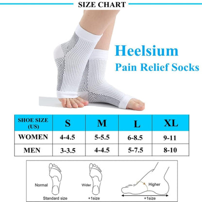 Size chart for Heelsium Pain Relief Socks with a foot wearing a sock and a table showing size correspondences.