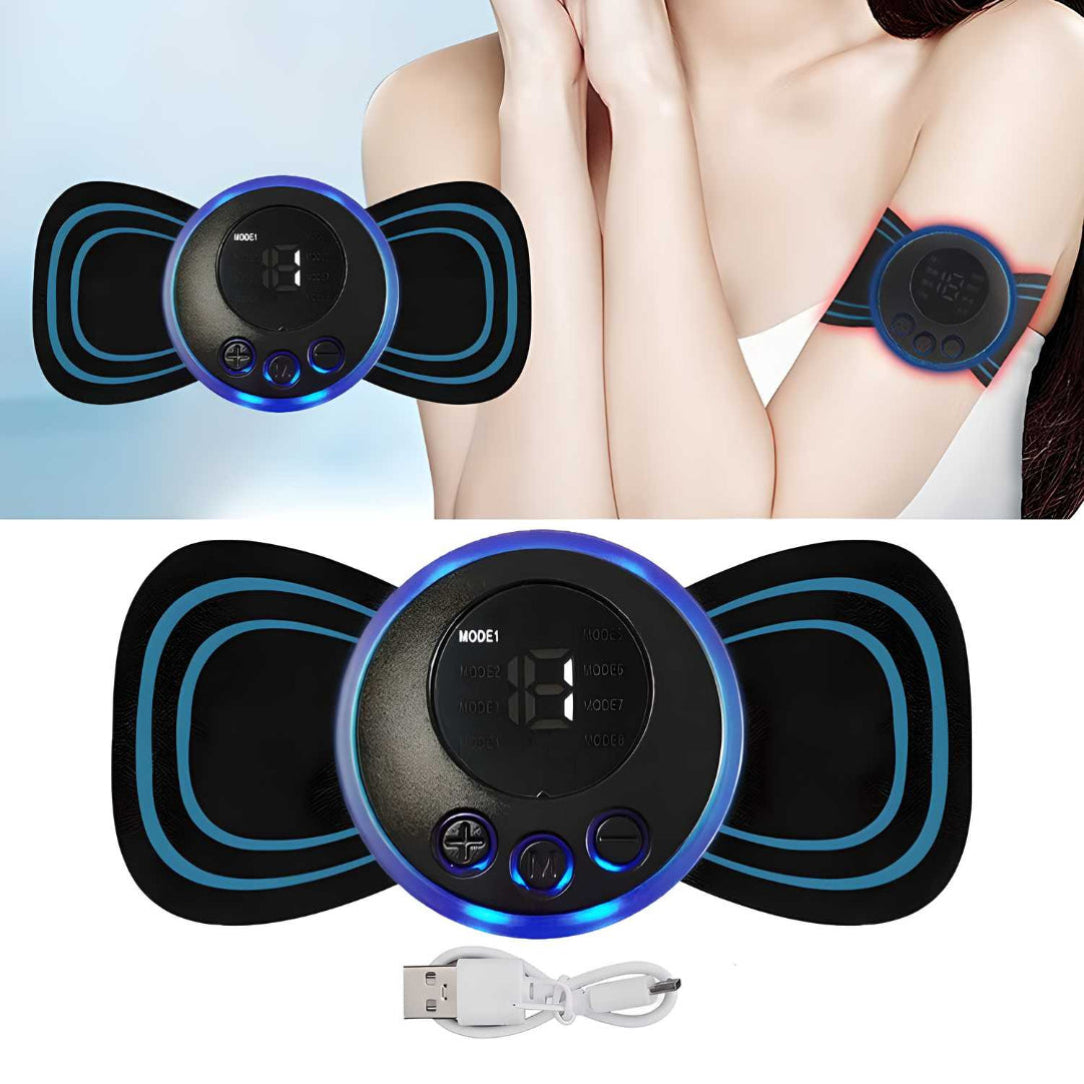 A mini rechargeable electric massager with blue and black color scheme, showing the device being used on the back and arms, alongside a USB charging cable.
