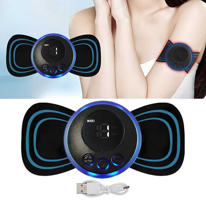 A mini rechargeable electric massager with blue and black color scheme, showing the device being used on the back and arms, alongside a USB charging cable.