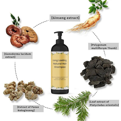 Shampoo bottle with ginseng extract and other natural ingredients on a white background