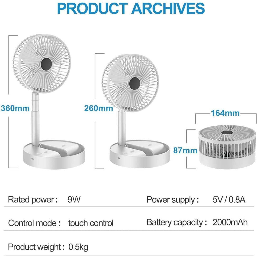 Measurement chart of a white portable fan with specifications listed.