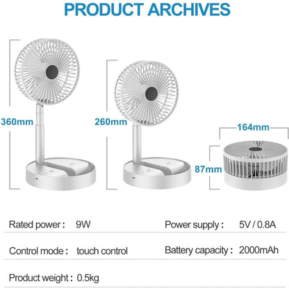 Measurement chart of a white portable fan with specifications listed.