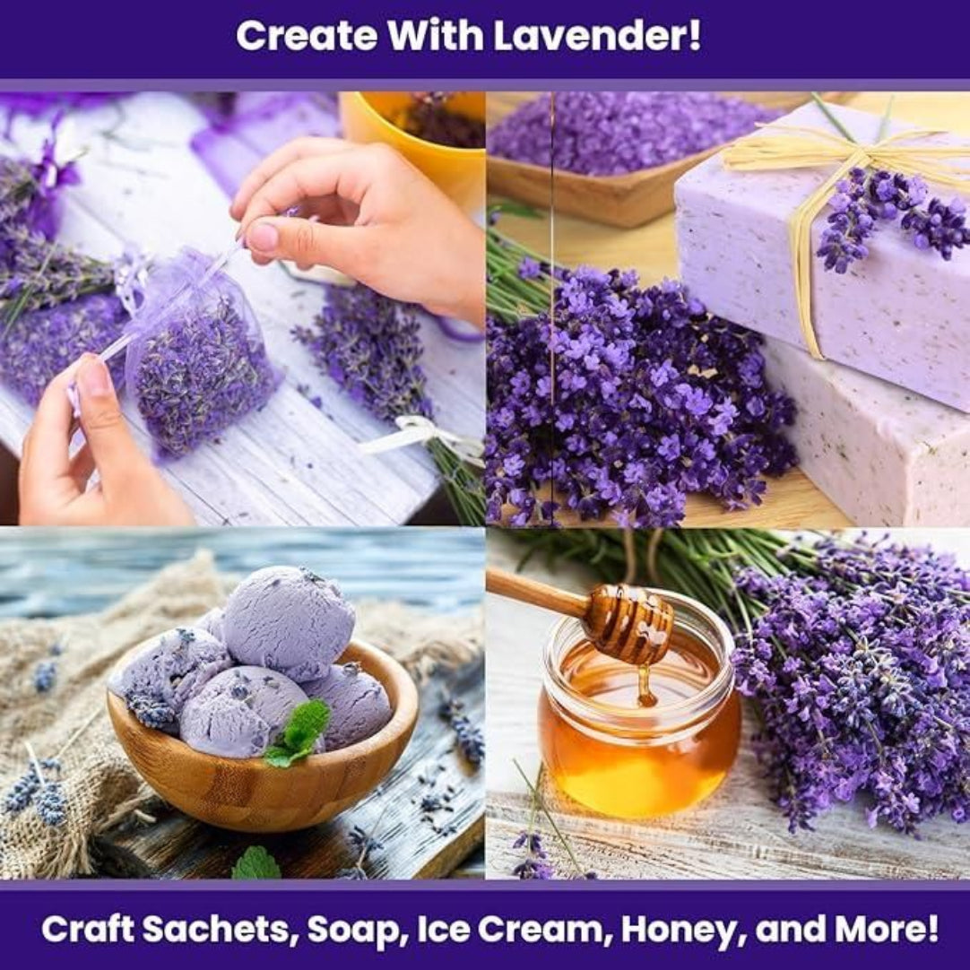 Collage of lavender-themed products including sachets, soap, ice cream, and honey.